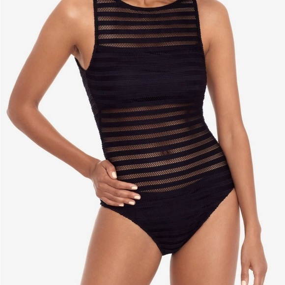 Ralph Lauren Ottoman Mesh high Boatneck One Piece Swimsuit black tummy control - Picture 1 of 9